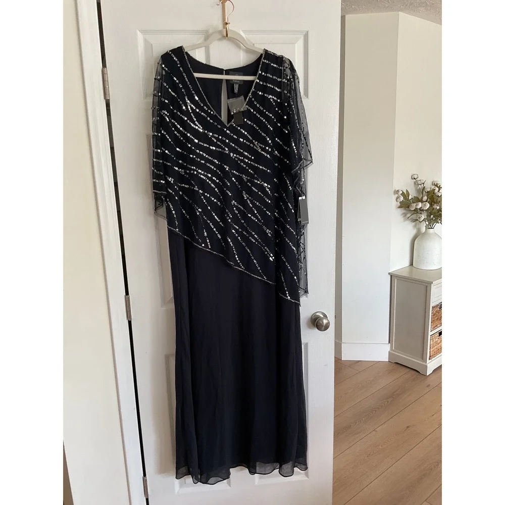Adrianna‎ Papell Midnight Navy Sequin Beaded Popover Midi Dress 18W NWT